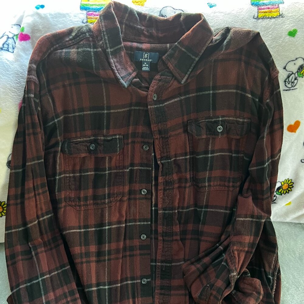 Georges Long Sleeve Flannel Casual Plaid Shirt XL Dark Maroon/Black/White